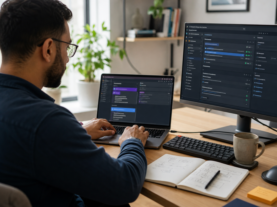 Desarrollador trabajando con interfaces de código y documentación