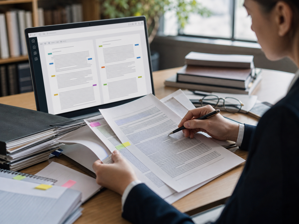 Profesional legal revisando documentos y comparativas en pantalla