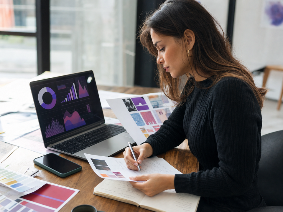 Profesional de marketing trabajando con analítica y materiales de campaña